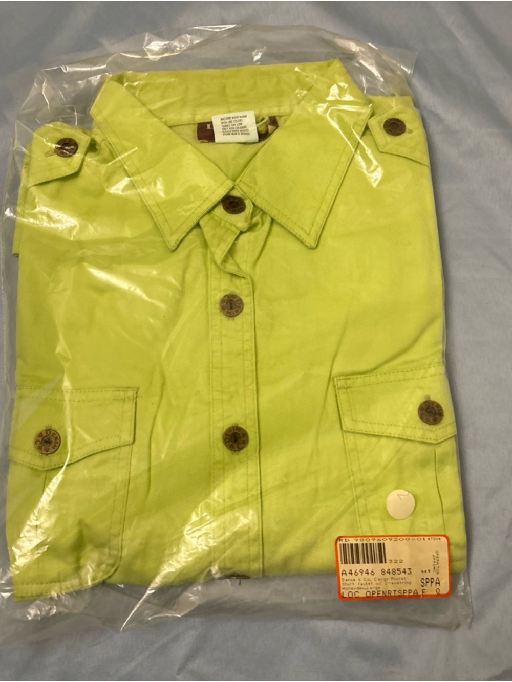 NEW Denim & Co. Denim Cargo Pocket Shirt Jacket Drawstring Honeydew Size L
